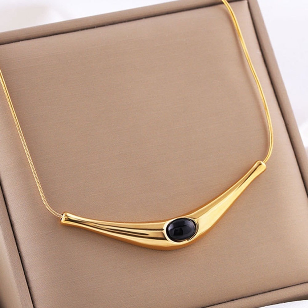 Gold Necklace with Black Stone Pendant - Women's Jewelry